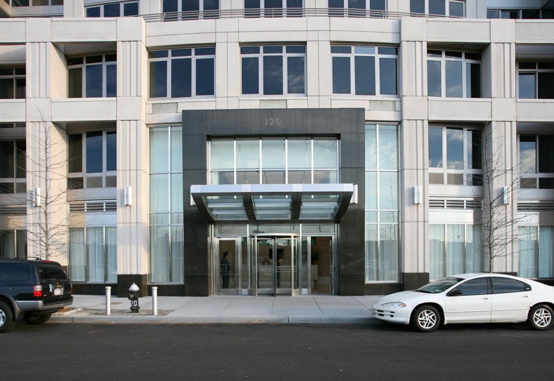 The entrance at 120 Riverside Boulevard, our New York location